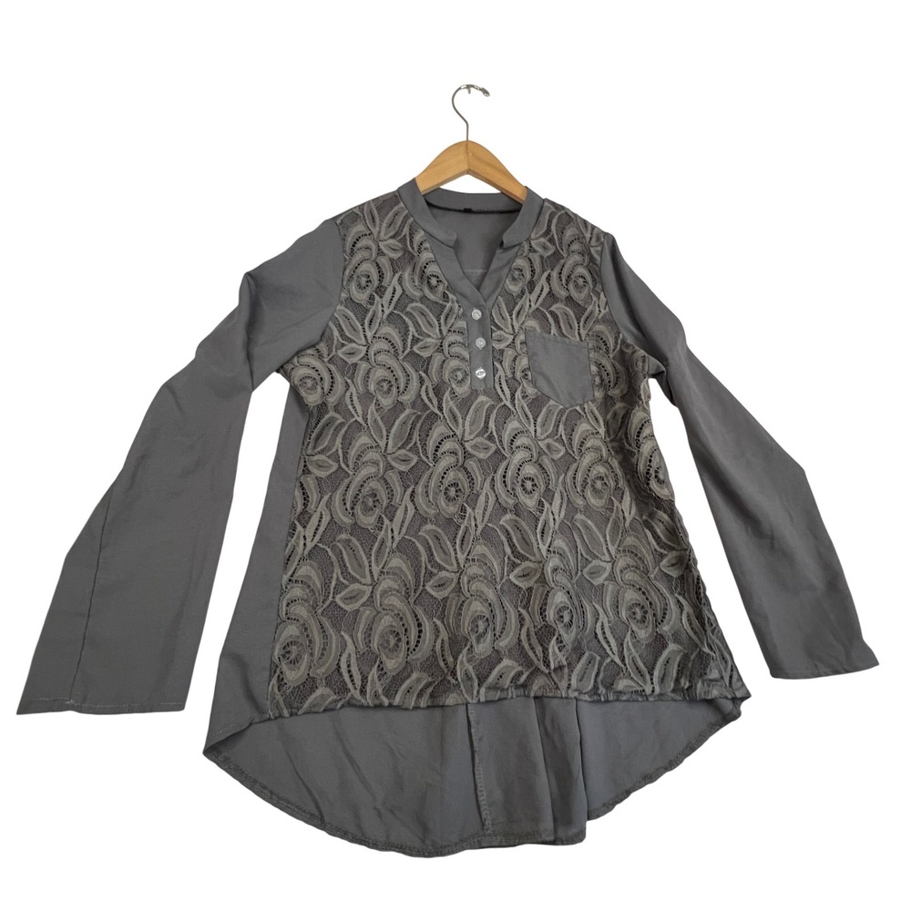 Grey Floral Lace Overlay Long Sleeve High Low Tunic Blouse Large